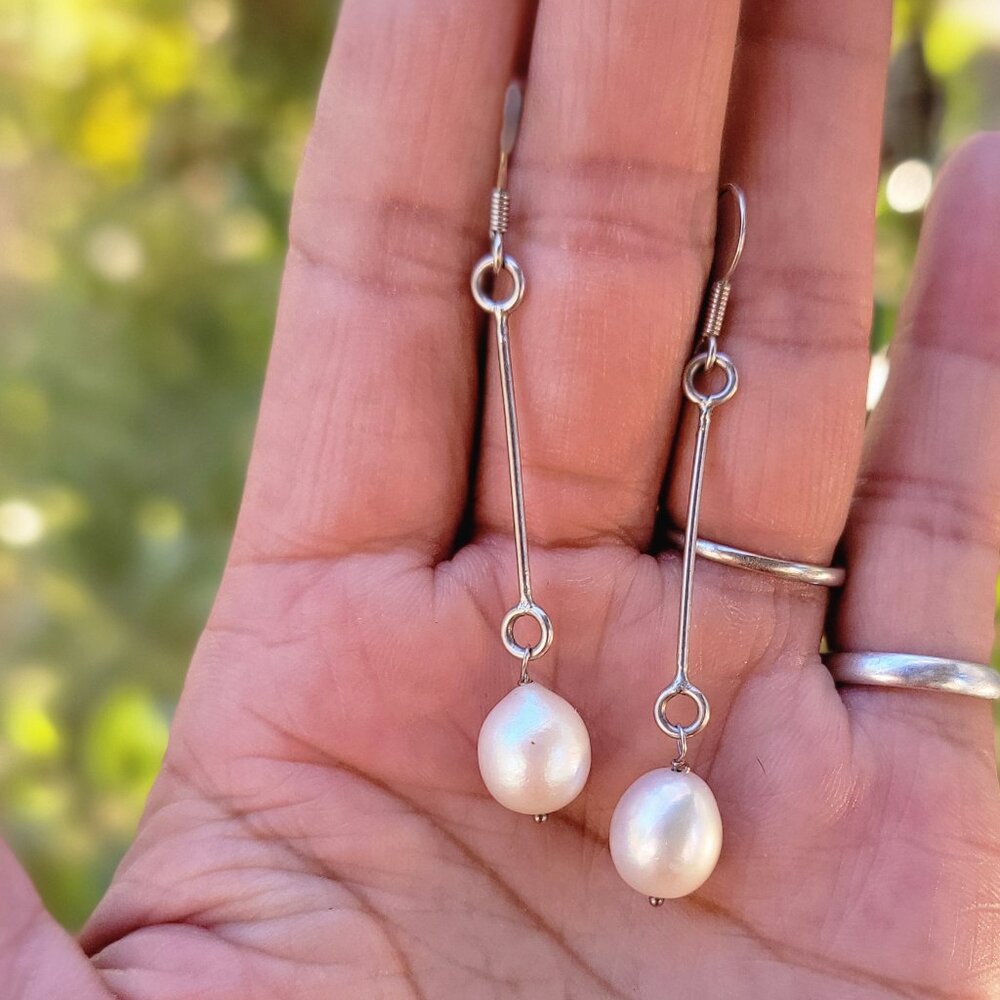 Gorgeous genuine natural drop pearl 925 sterling silver stick drop dangle earrin